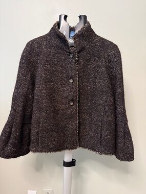 Zara Dark Brown Tweed Bell-Sleeve Cape Jacket